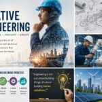 Collage illustrating the creative engineering process, from identifying problems to designing sustainable and smart technology solutions.