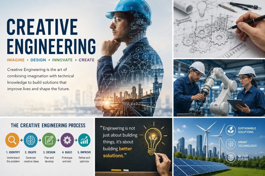 Collage illustrating the creative engineering process, from identifying problems to designing sustainable and smart technology solutions.